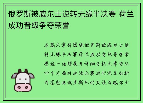 俄罗斯被威尔士逆转无缘半决赛 荷兰成功晋级争夺荣誉