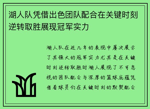 湖人队凭借出色团队配合在关键时刻逆转取胜展现冠军实力